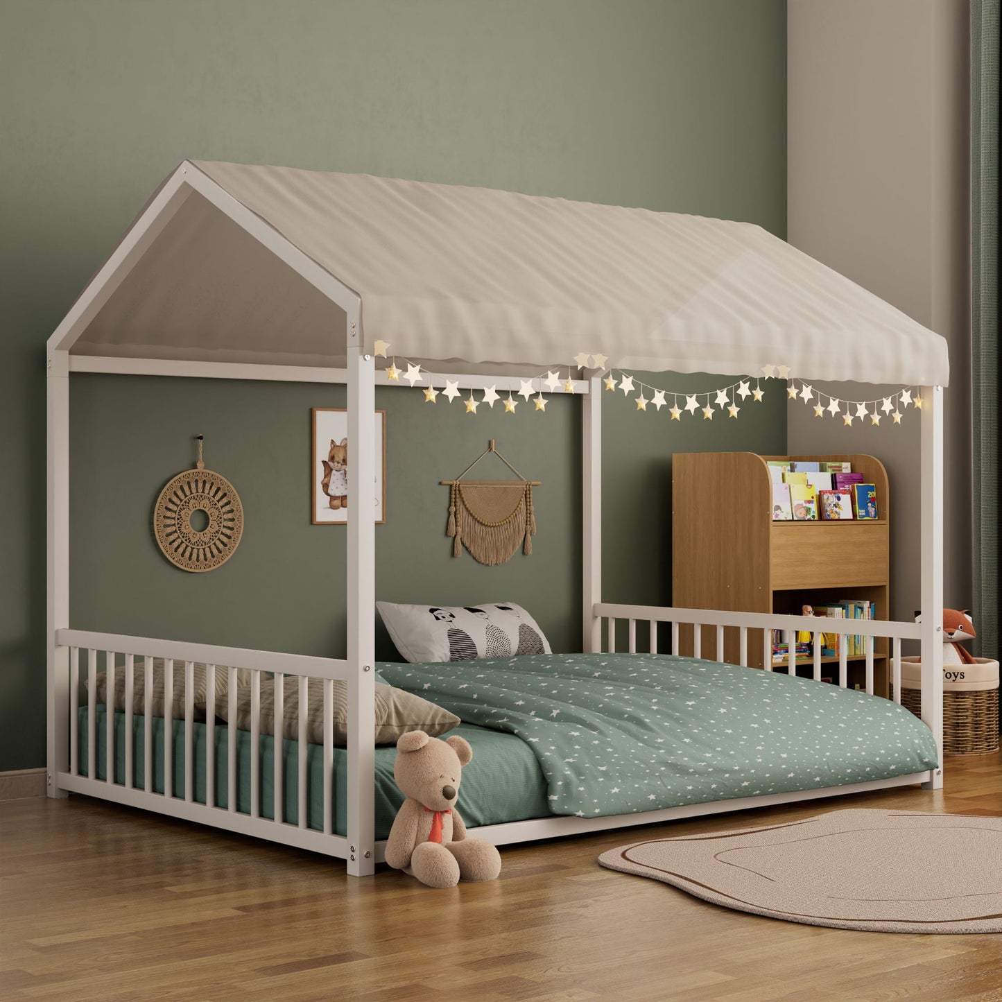 Montessori Style Floor House Shaped Bed With Safety Guardrails