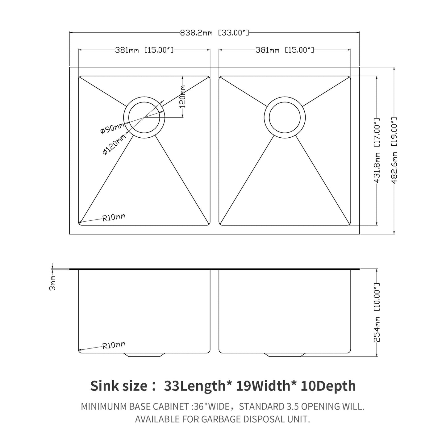 Double Bowl Undermount Kitchen Sink 16 Gauge 33" x 19" with Dual 10" Deep Basins - Gunmetal Black