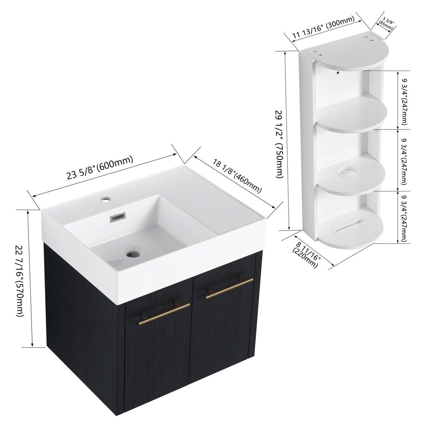 Modern Wall Mounted Bathroom Vanity with Resin Sink and Storage Rack