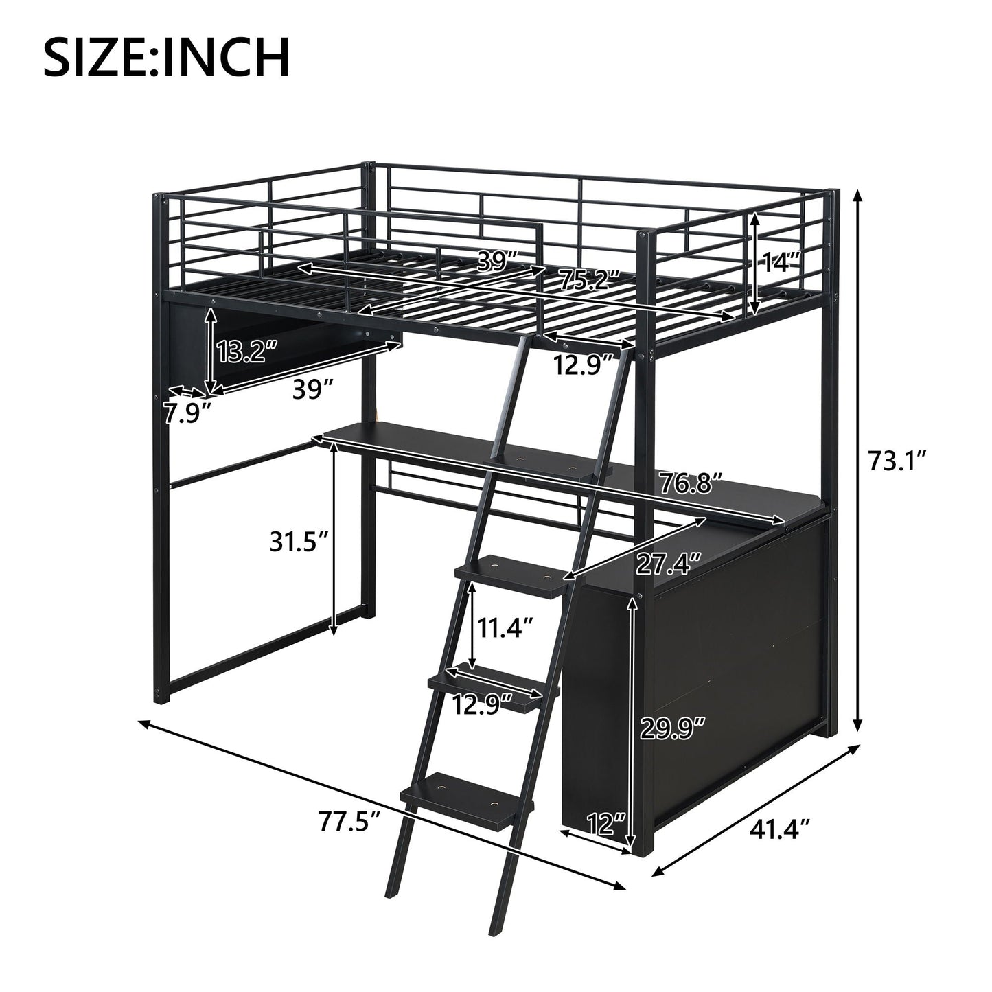 Loft Bed With LED Desk And 4 Storage Shelves