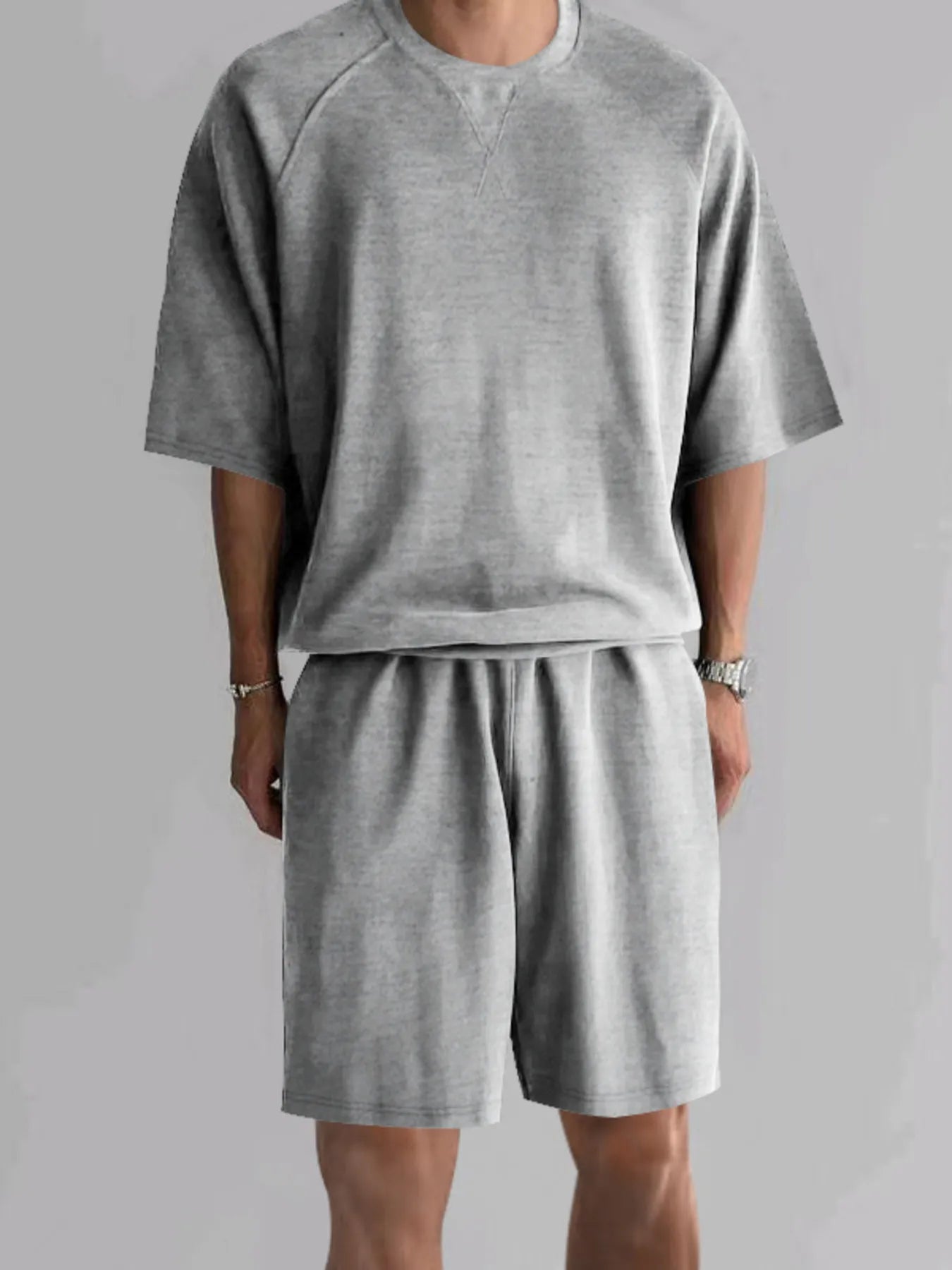 Men's Full Size Round Neck Top and Shorts Set Plus Size