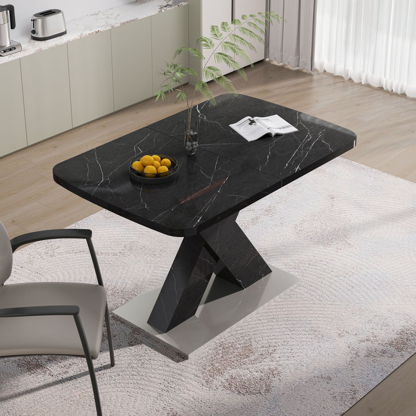 Modern Rectangle Dining Table With Stretchable TopAnd X Shape Legs