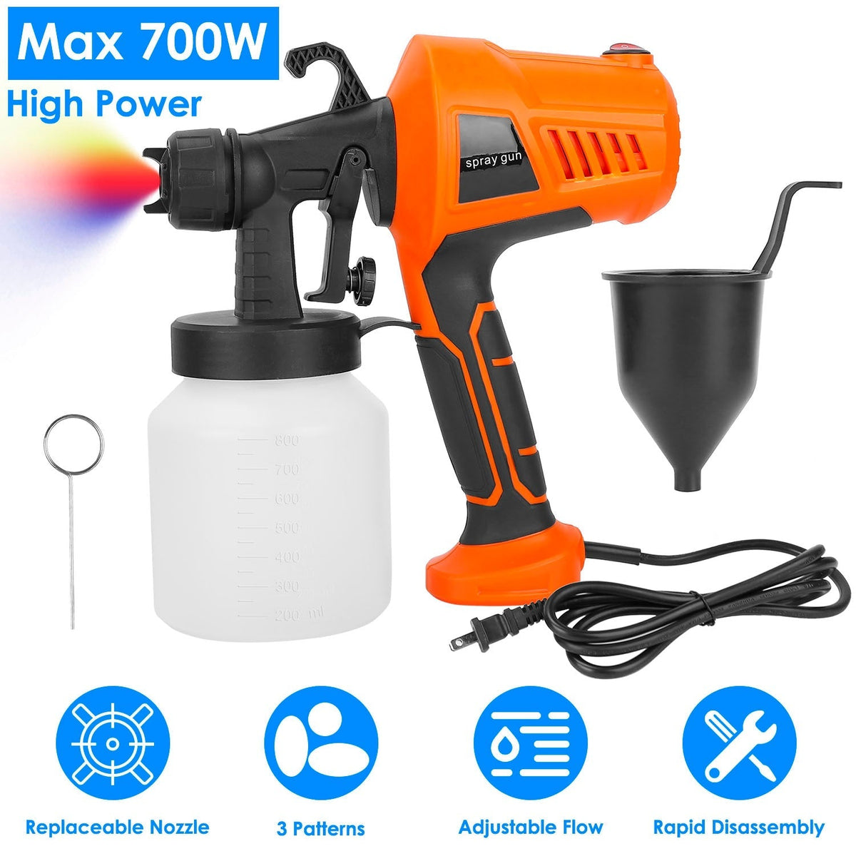 700W Electric Paint Sprayer Handheld HVLP Spray Painter Painting Spray Gun For Fences Brick Walls w/ 3 Spray Patterns 800ML Detachable Cup
