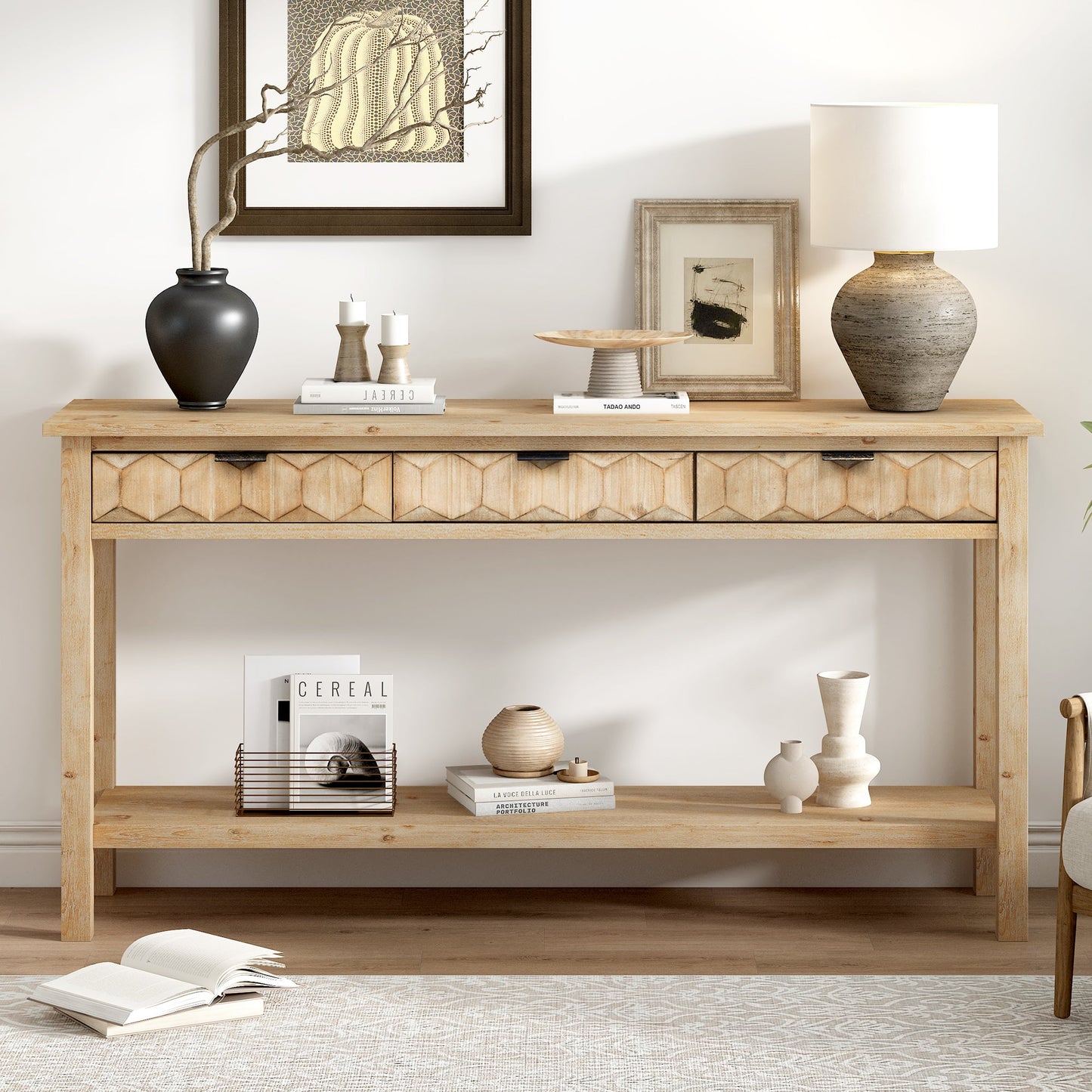 U_Style 58.3'' Fir Veneer Entryway Table with Honeycomb-patterned Fronts