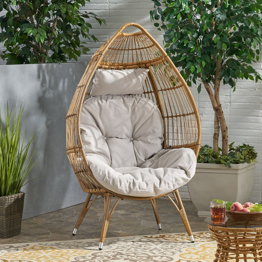 Basket Chair with Teardrop Shape and Water-Resistant Cushion - Natural