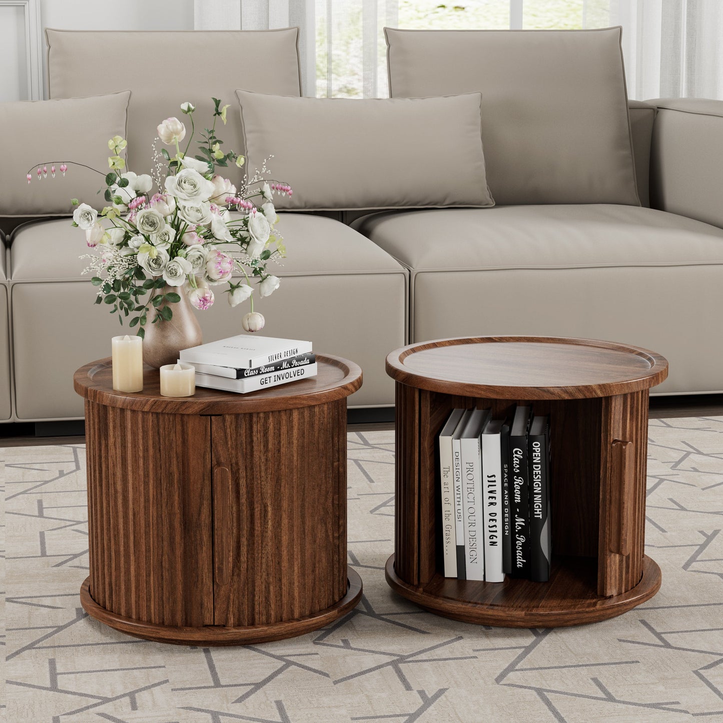 2Piece Round Coffee Table Set, Modern Nesting Side Tables with Sliding Door Storage