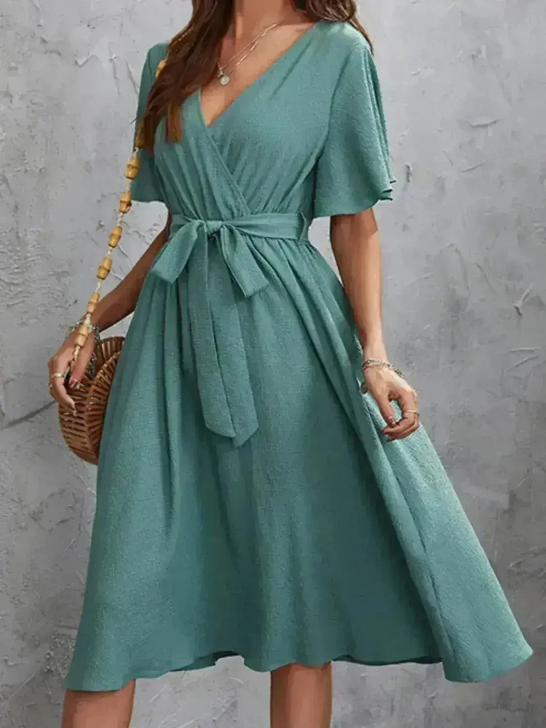 Surplice Flutter Sleeve Tie Wrist Midi Dress – Femstylo