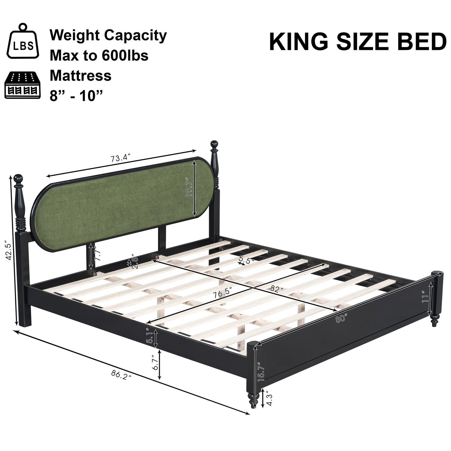 King Bed Frame, Solid Wood Platform with Slats, Modern