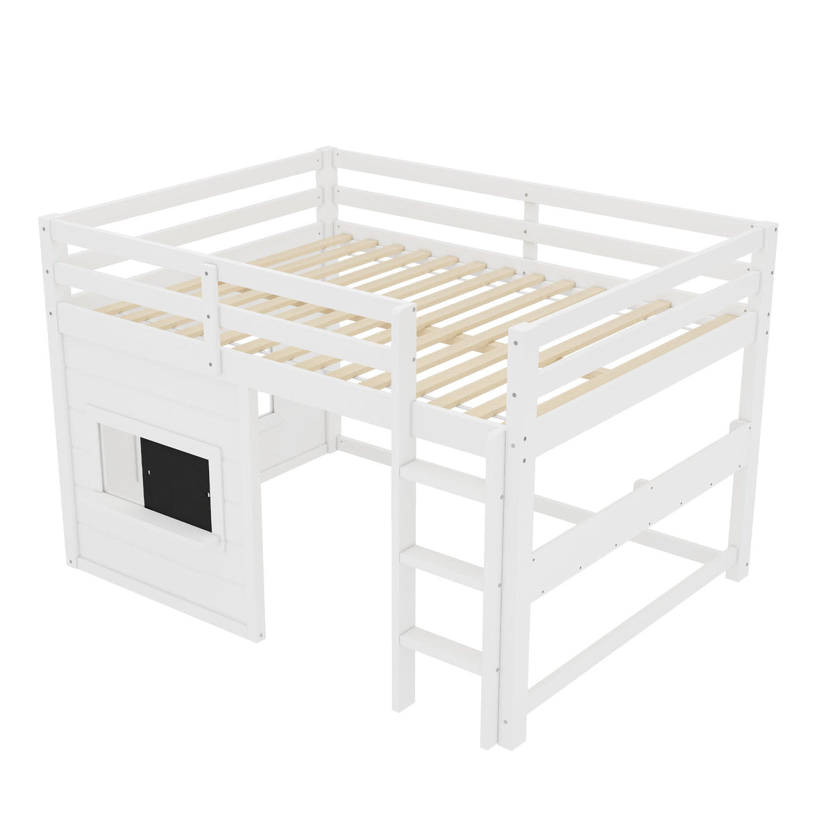 Full Size Loft Bed With Sliding Chalkboard & Bookshelf