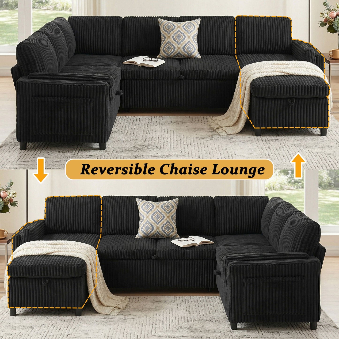 Convertible U-Shaped Sectional Sofa Bed With USB Ports And Storage