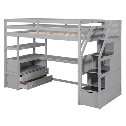 Loft Bed With Desk, Shelves, 2 Drawers, Storage Staircase