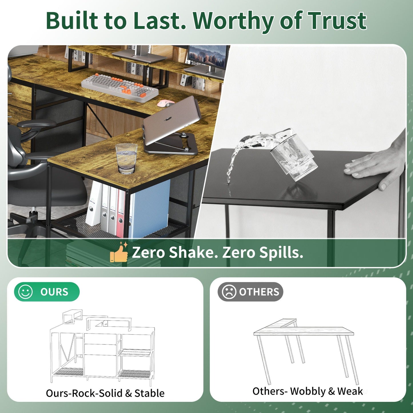 Industrial L Shaped Desk With Power Hub With 6 Drawers And Adjustable Monitor Stands - Brown