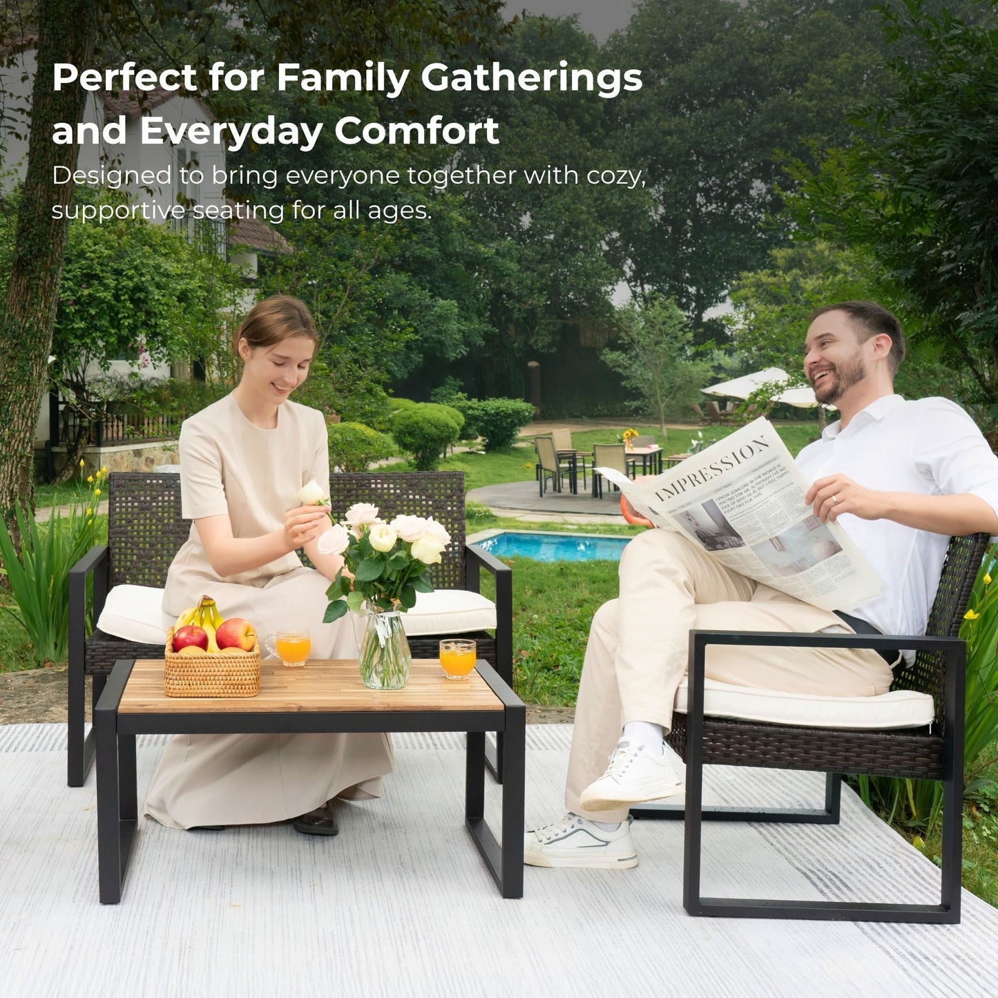 4 Piece Patio Furniture Set With Acacia Wood Table Top And Cushions