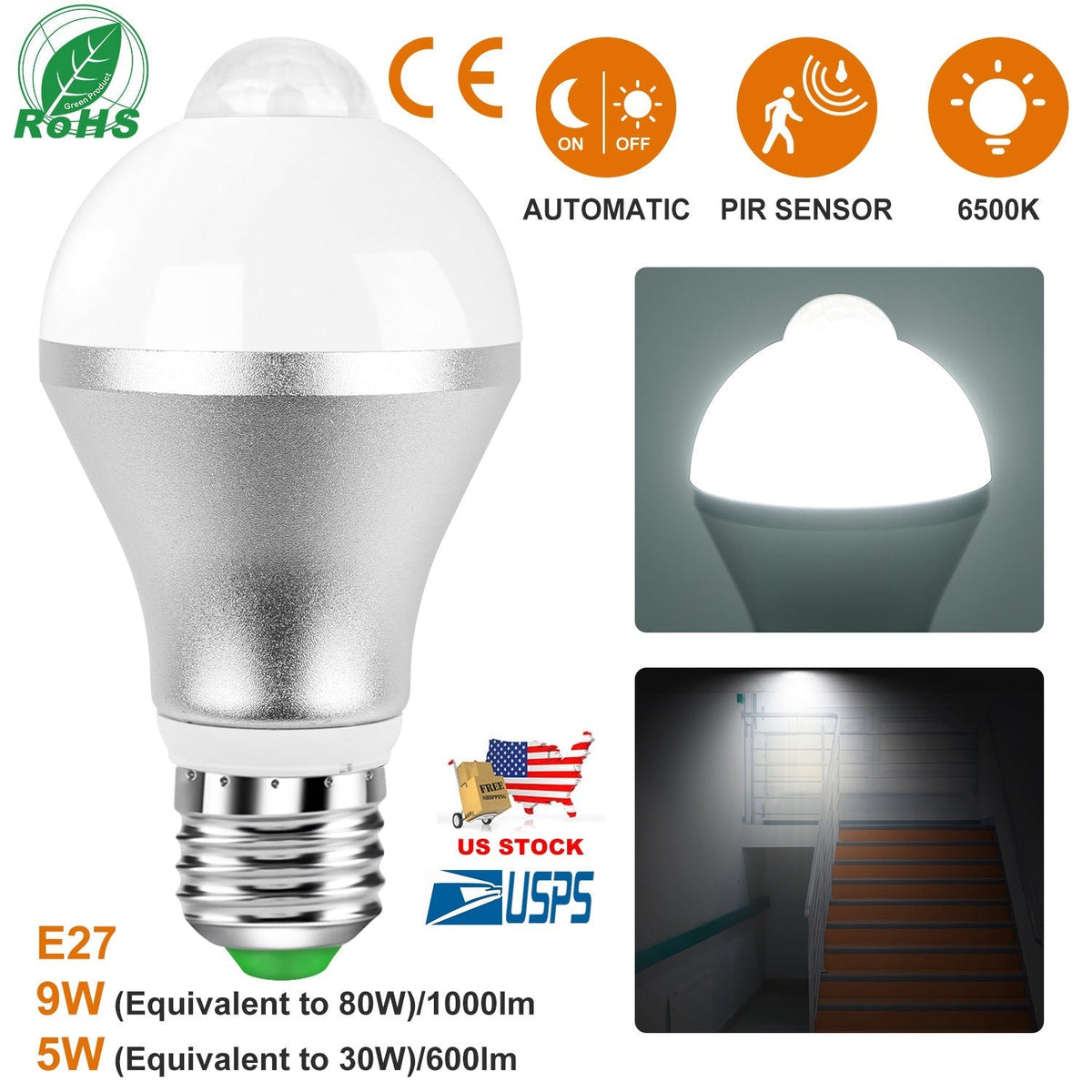 E27 Motion Sensor Light Bulb 9W/5W 1000LM 6500K Dusk to Dawn Automatic On/Off LED Light Bulb Indoor Outdoor Use