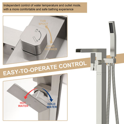 Freestanding Bathtub Faucet Waterfall Tub Filler Floor Mount Solid Brass With Hand Shower - Brushed Nickel