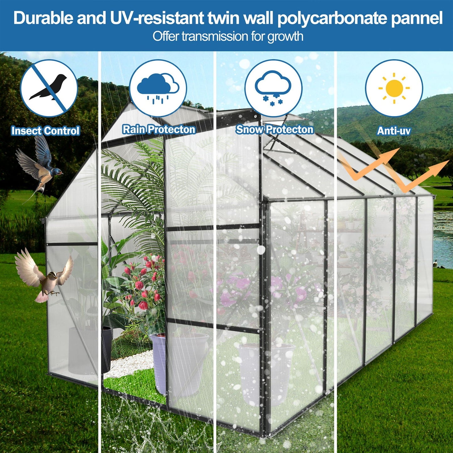 Polycarbonate house Raised Base And Anchor Aluminum Heavy Duty Walk-In houses For Outdoor Backyard In All Season
