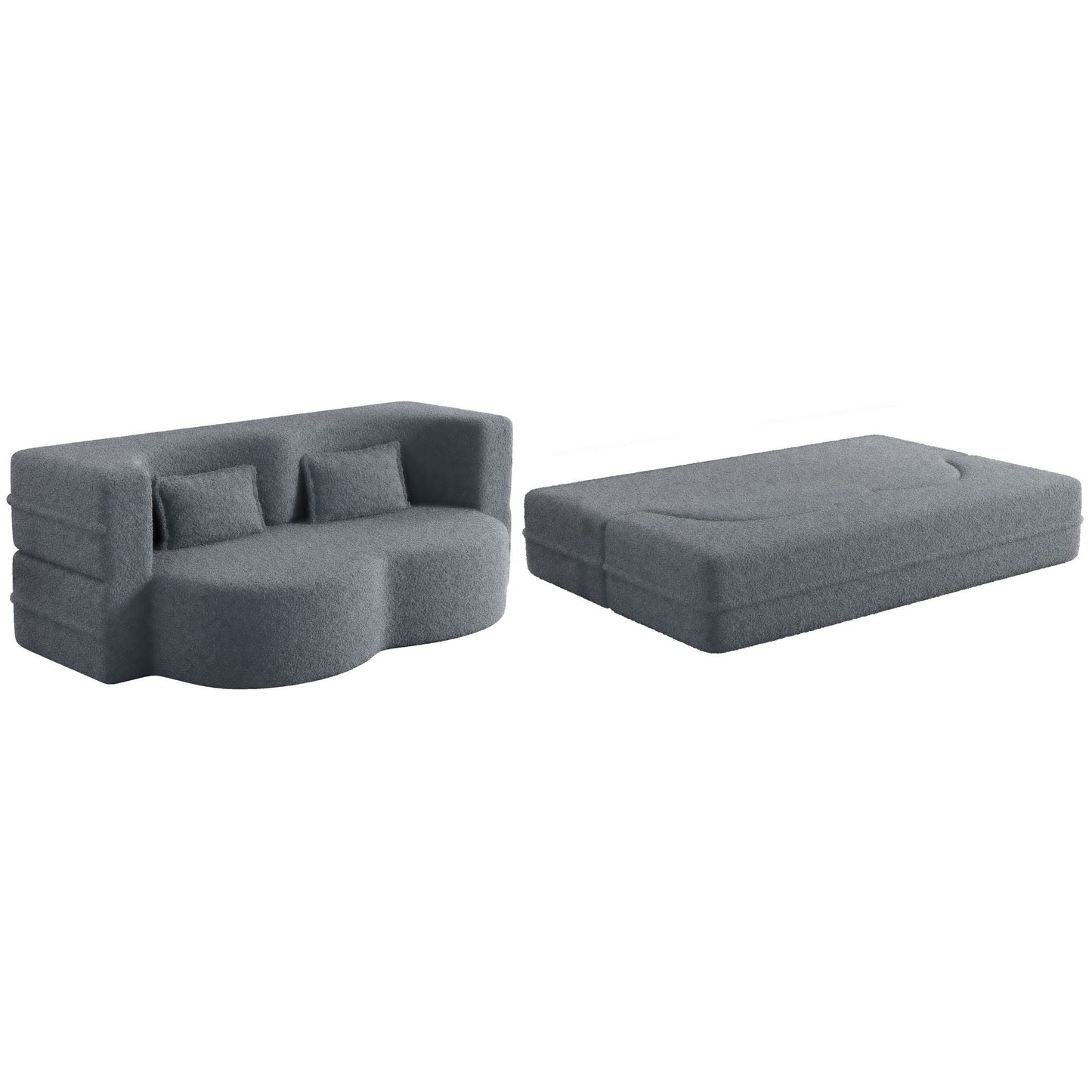 Modern Floor Sofa With Two Pillows Convertible Teddy Fabric Foam Filled Bed