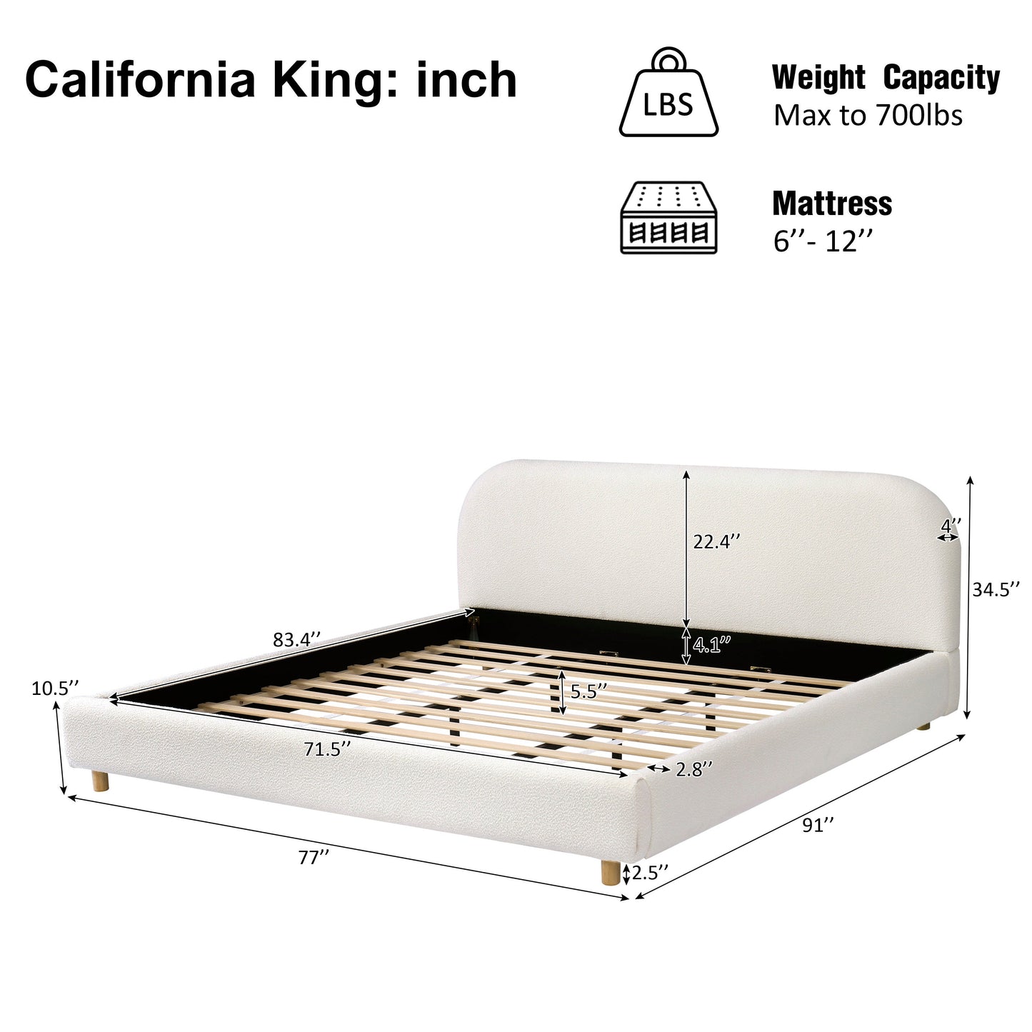 California King Size Upholstered Bed with Boucle Fabric and Curved Headboard