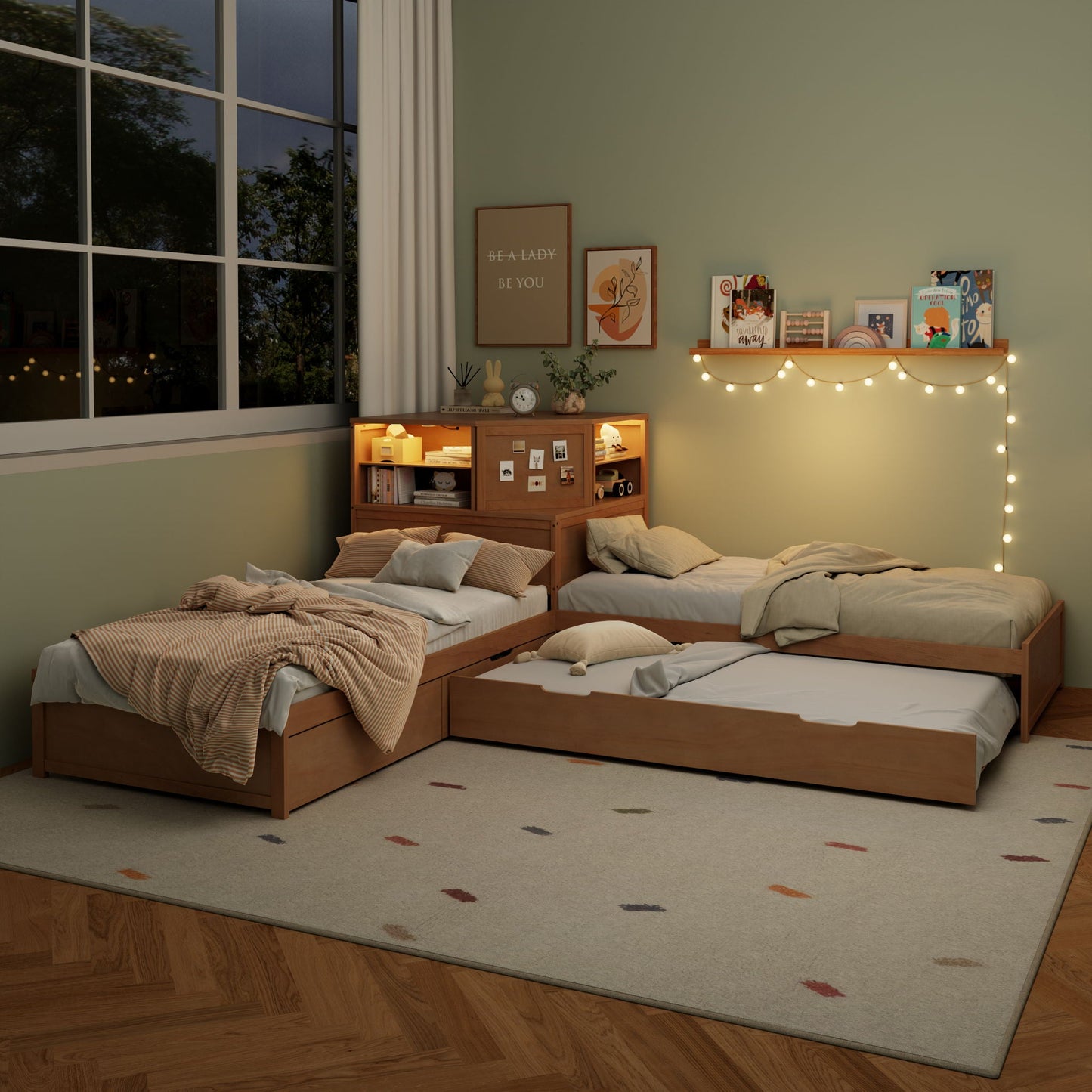 L-Shaped Bed Frame With Trundle, Built In Desk & LED Lighting