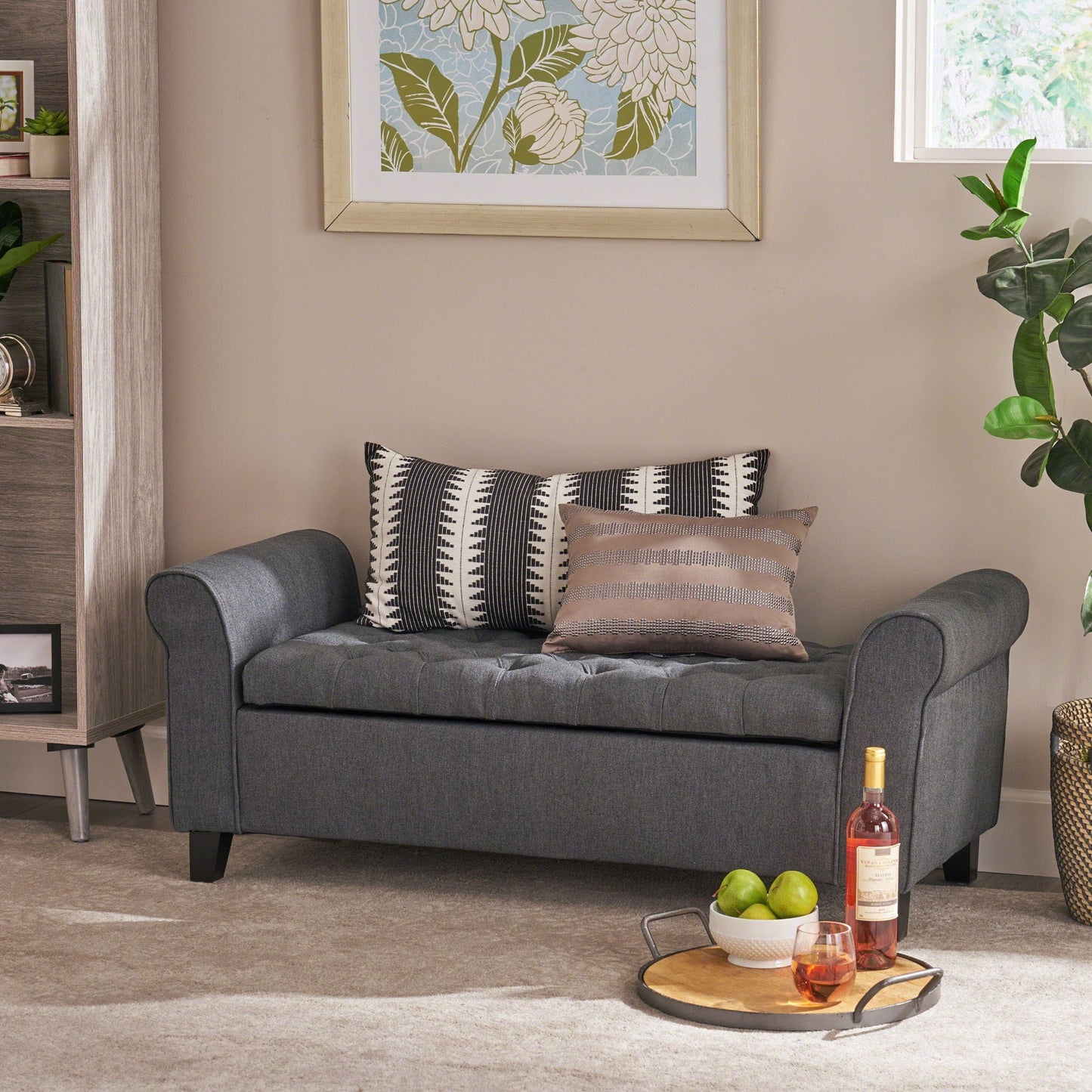 Hayes Contemporary Armed Storage Bench with Rolled Arms and Button Tufting