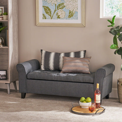 Hayes Contemporary Armed Storage Bench with Rolled Arms and Button Tufting