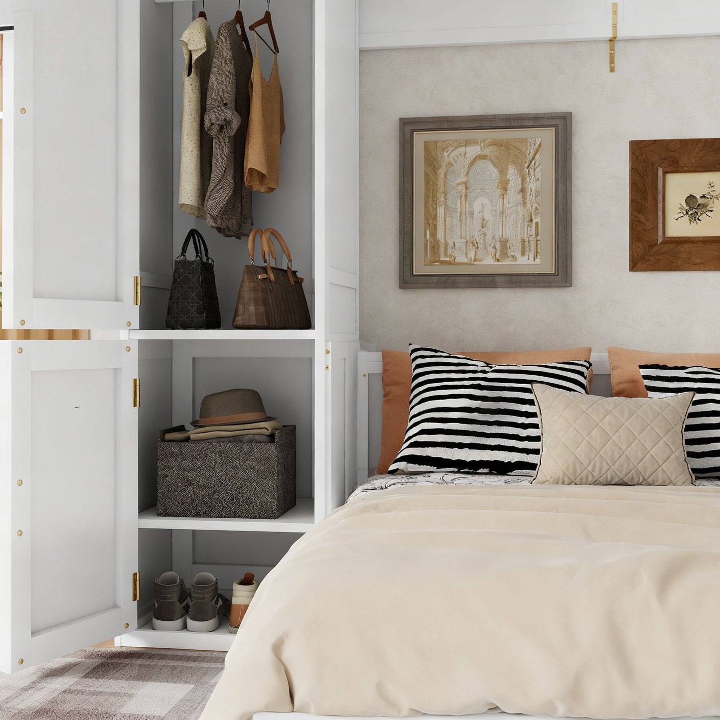 Queen Size Murphy Bed With Wardrobe, Space-Saving Hidden Wall Bed With Desk And Charging Station - White