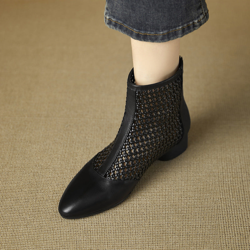 Retro-style Minimalist Elegant Cowhide Low-heeled Shoes With A Back Zipper For Women