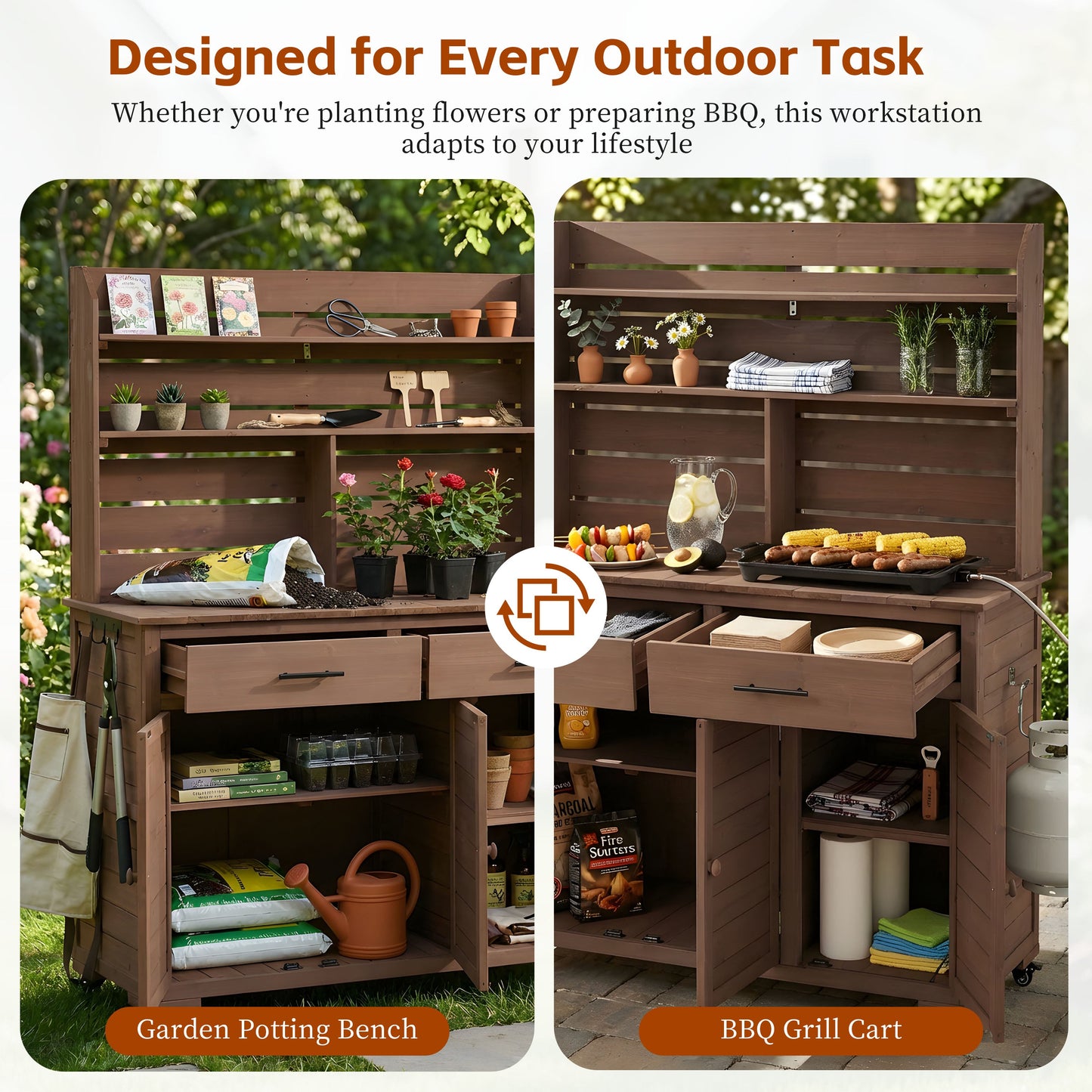 TOPMAX 65"H Large Garden Potting Bench with Storage and Lockable Wheels