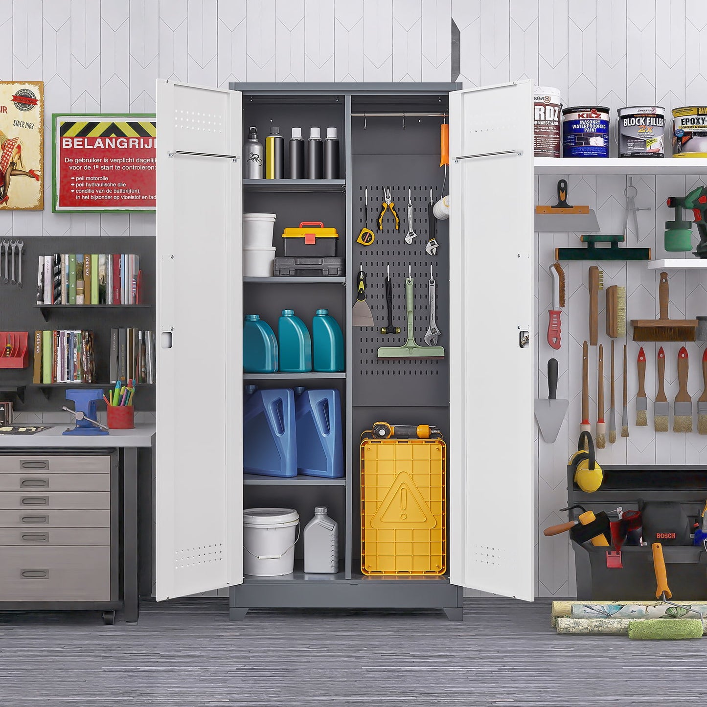 Lockers With Locking Doors, Adjustable Shelves, High Broom Tool Storage Cabinet