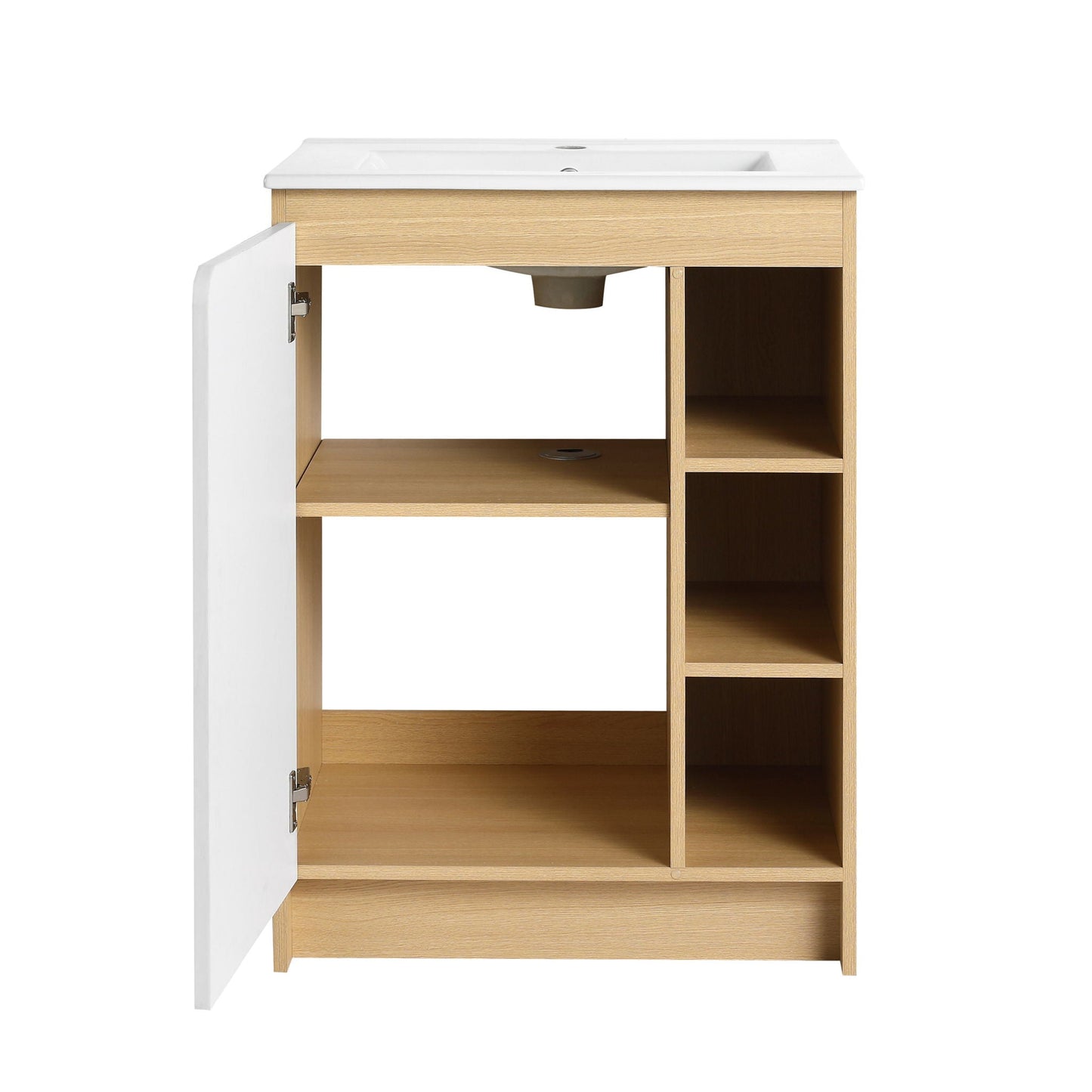 Freestanding Bathroom Vanity With Thin Rim Sink, Single Door With 4 Tier Open Shelves - Light Oak / White