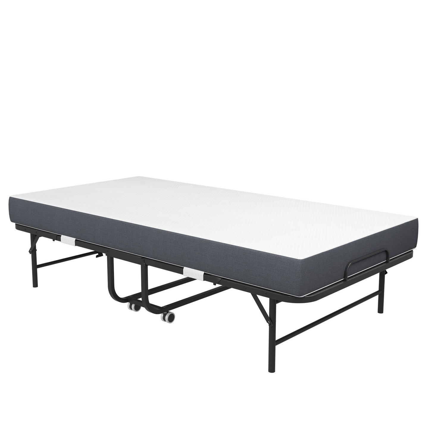 Twin Extra Long Folding Bed For Tall People, Heavy-Duty Rollaway Guest With Memory Foam Mattress - Black
