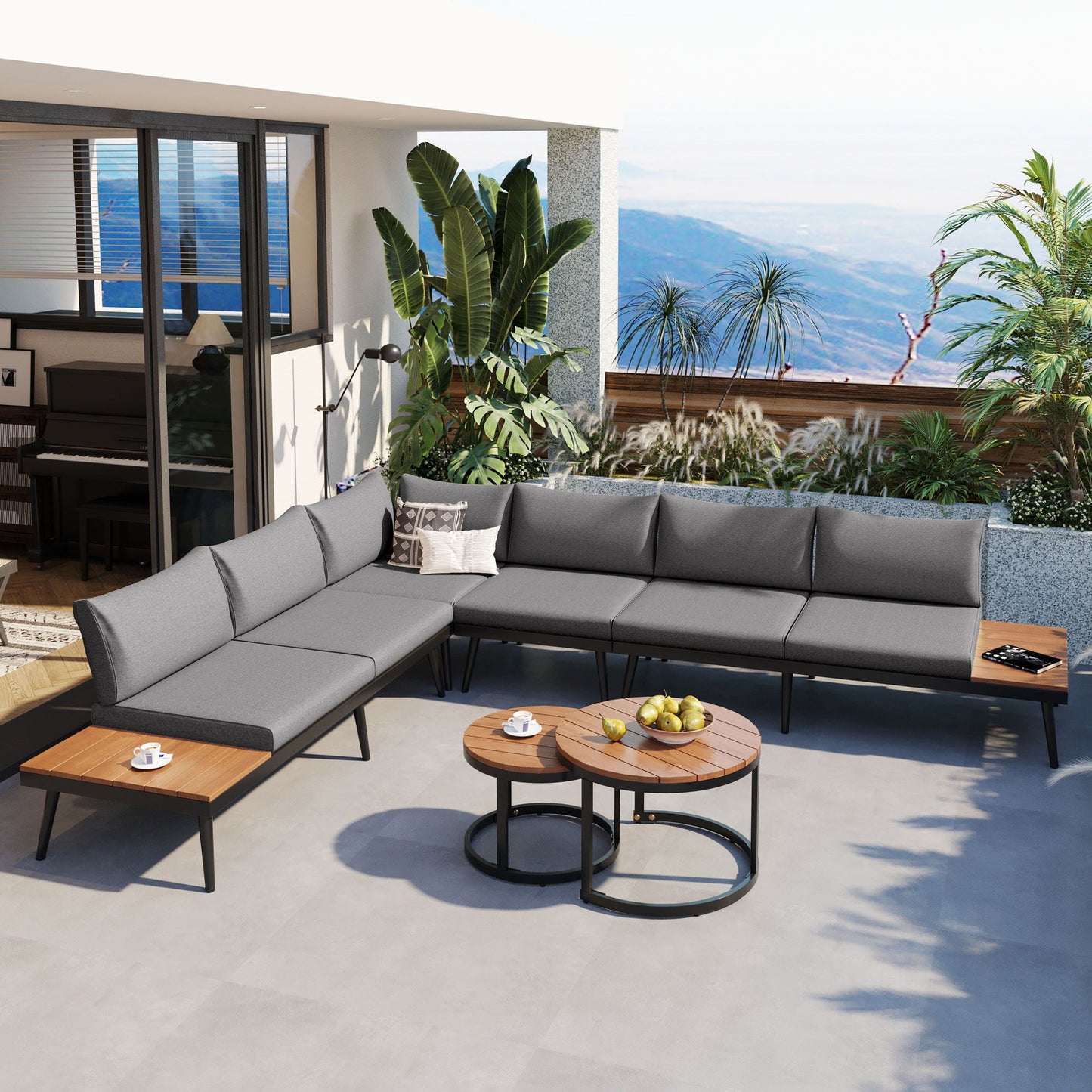 Modern Outdoor Sectional Sofa Set With Nesting Coffee Tables