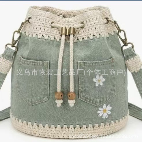 Womens Versatile Retro Denim Patchwork Crochet Bag