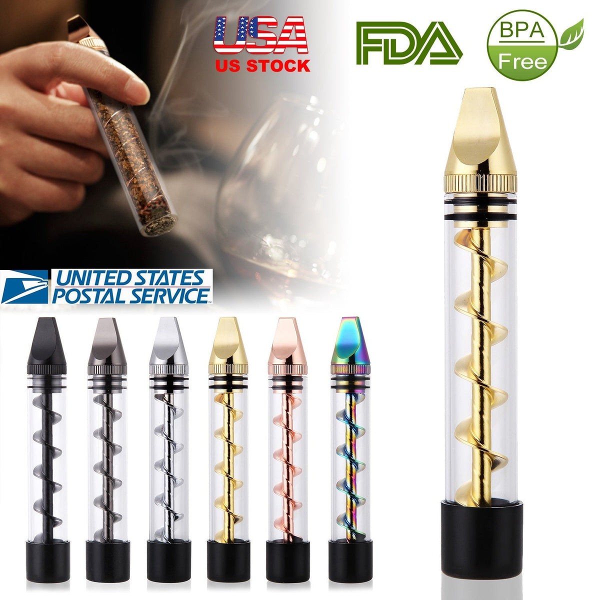 Glass Blunt Pipe Twisty 7-in-1 Grinder Blunt Kit w/ Smoking Metal Tip Cleaning Brush
