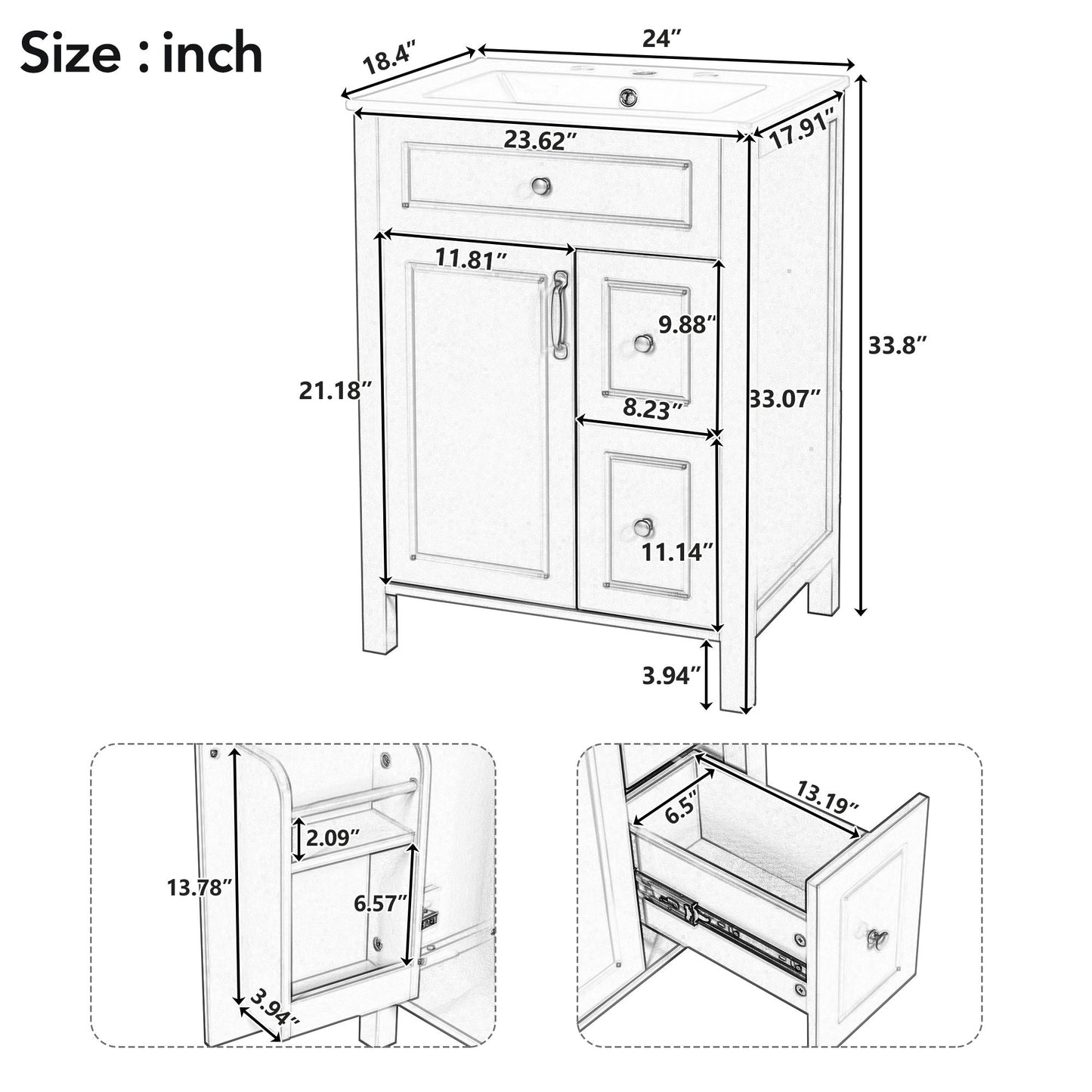 Elegant Bathroom Vanity With Ceramic Sink, Soft Close Doors And Drawers, Double Storage Racks