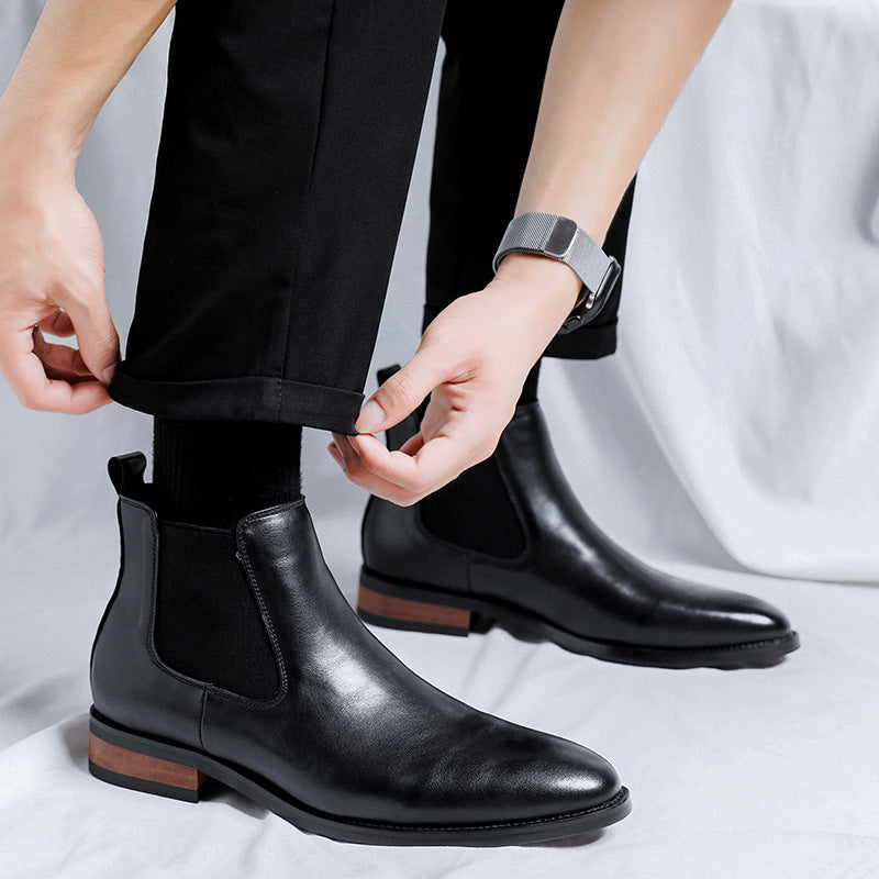 Mens Black High-top Pointed-toe Leather Boots