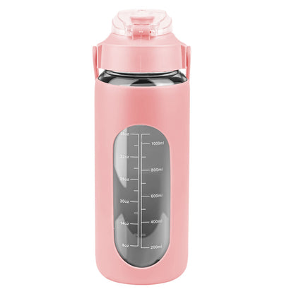 64Oz Glass Water Bottle Sports Water Bottle Motivational Water Bottle Water Intake Tracker Bottle with Straw Time Marker Silicone Sleeve Handle for Gy