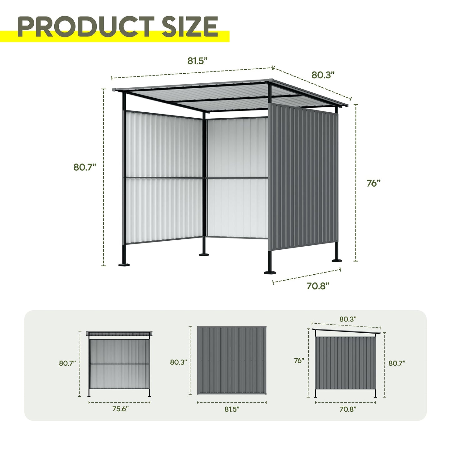 6x6FT Outdoor Pergola with Hardtop Roof, Lean-to Metal Shelter