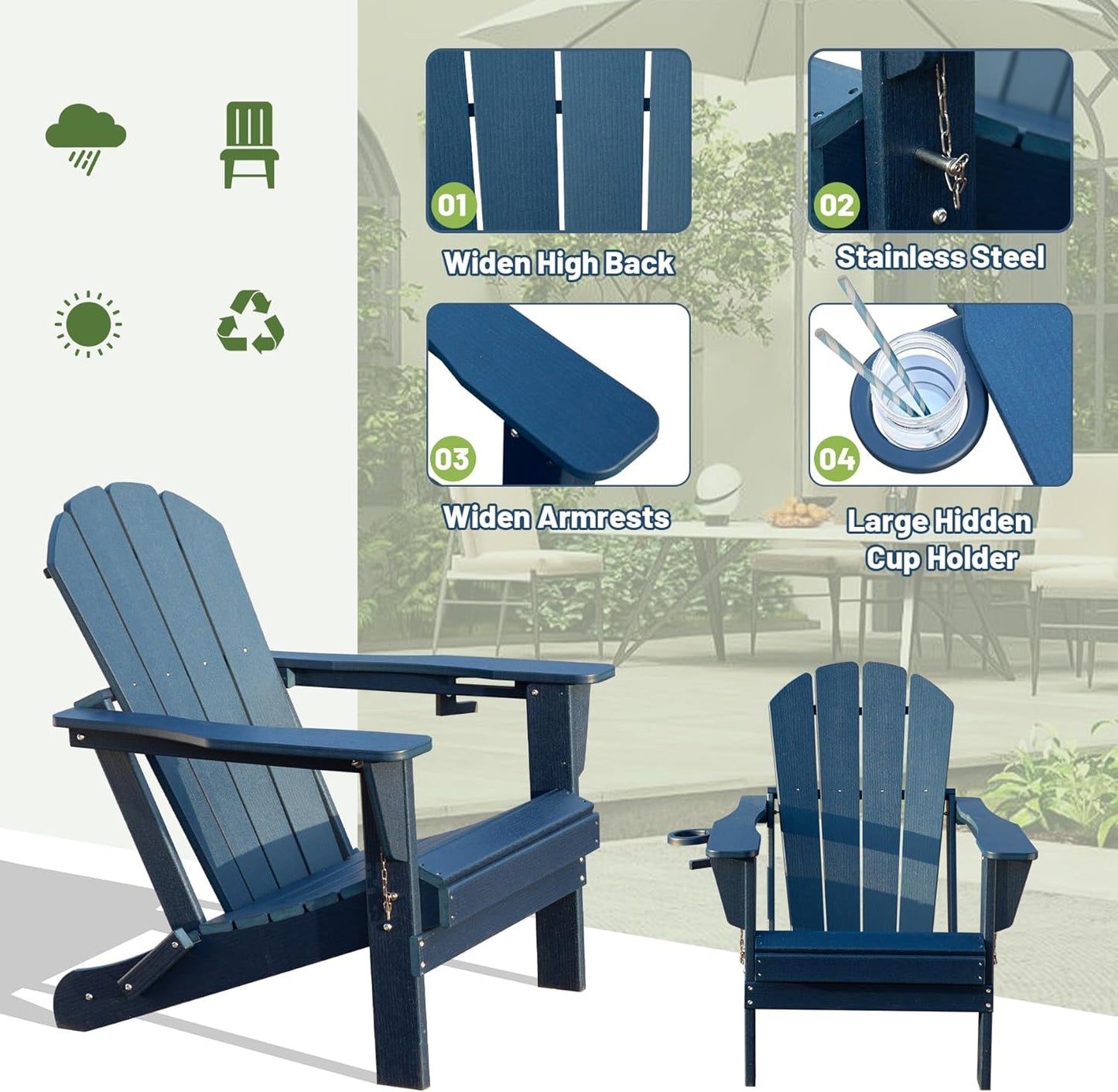 Adirondack Chairs Set of 2 - HDPE Plastic Outdoor Chairs