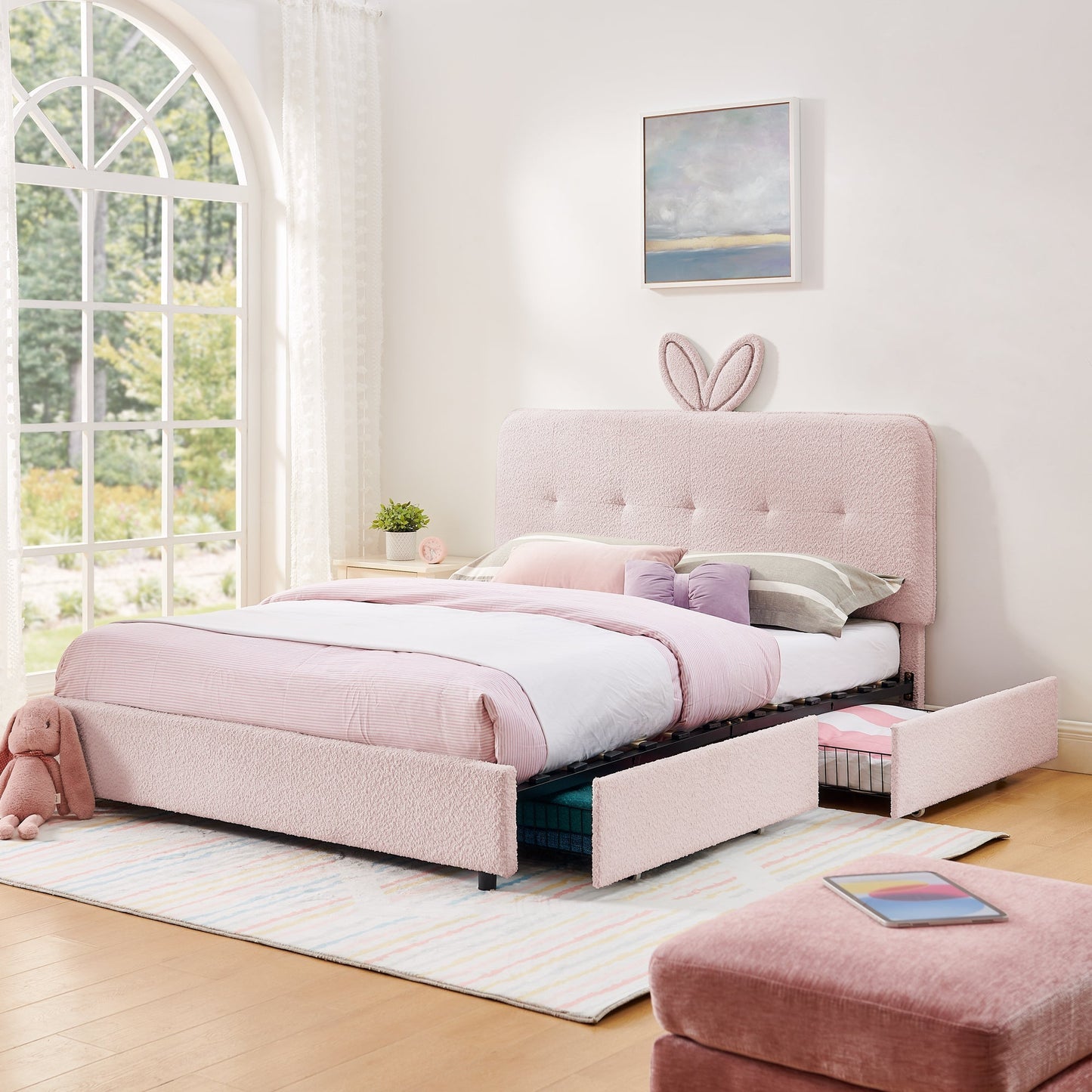 Queen Size Kids Upholstered Bed with Rabbit Ear Headboard & Storage
