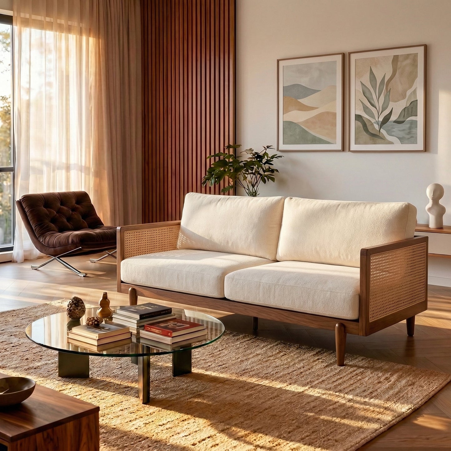 EMIR 72" Square Arm 3-Seater Boucle Sofa with Cane Rattan and Wooden Frame