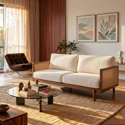 EMIR 72" Square Arm 3-Seater Boucle Sofa with Cane Rattan and Wooden Frame