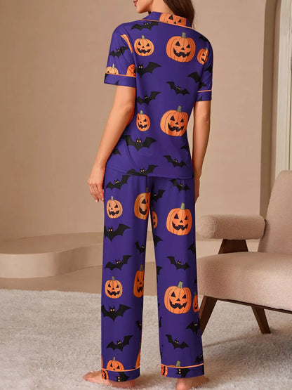 Halloween Pumpkin and Bat Print Button-Down Top and Pants Lounge Set
