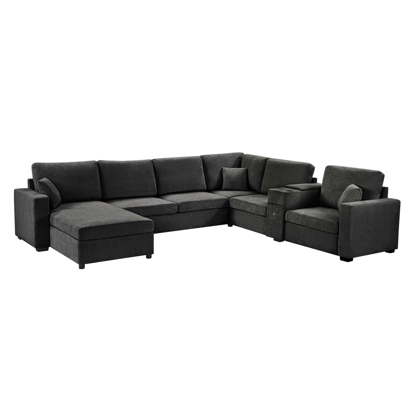 Modular 5 Seat U-Shape Sectional Sofa With Chaise Lounge, Built In Cup Holders And Storage Drawer