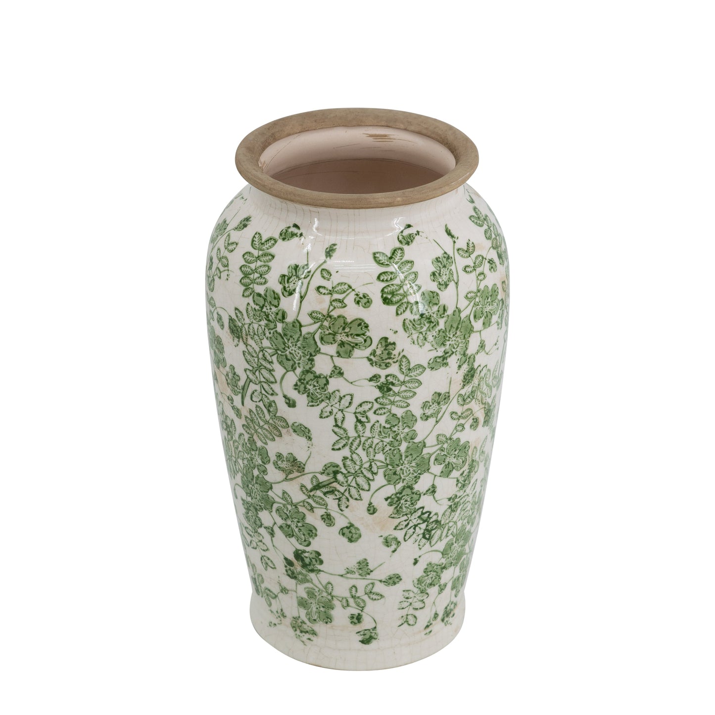 6.5x6.5x11.6 White Ceramic Flower Vase with Green Floral Pattern