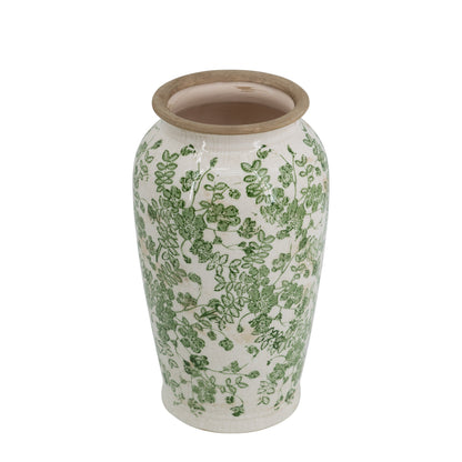 6.5x6.5x11.6 White Ceramic Flower Vase with Green Floral Pattern