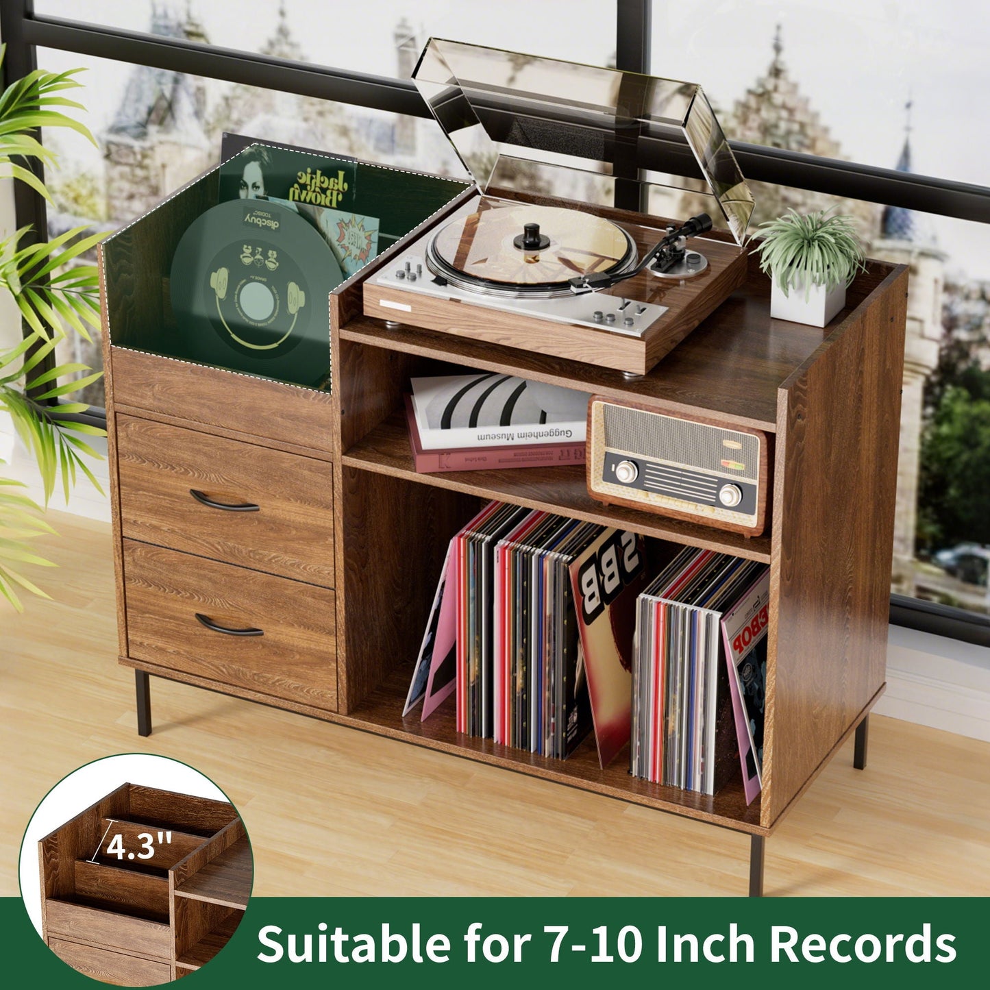 Grain Record Player Stand, Media Console With Speaker Shelf & 2 Drawers
