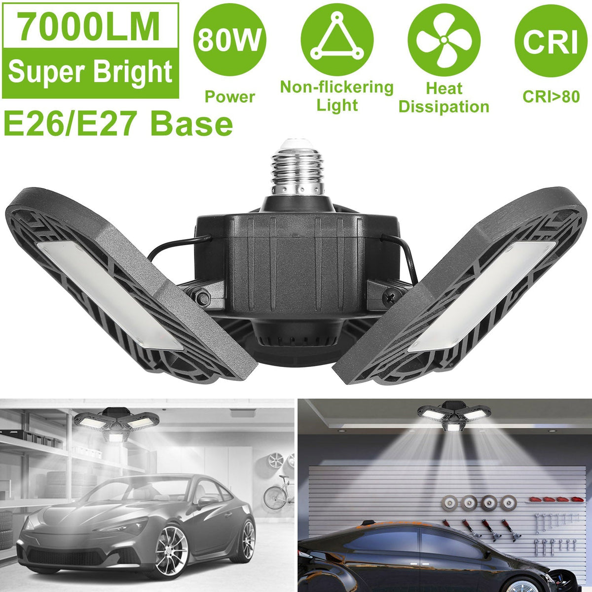 LED Garage Light, iMounTEK E26/E27 80W 7000LM 6500K Garage Ceiling Light Deformable Workshop Lamp Die Cast Aluminum LED Ceiling Light Bulbs with 3 Adj