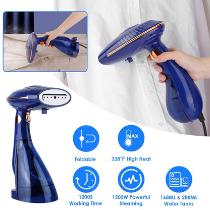 1500W 2 In 1 Foldable Garment Steamer Handheld Fabric Wrinkle Remover with 168ML & 288ML Water Tanks For Flat Hanging Ironing