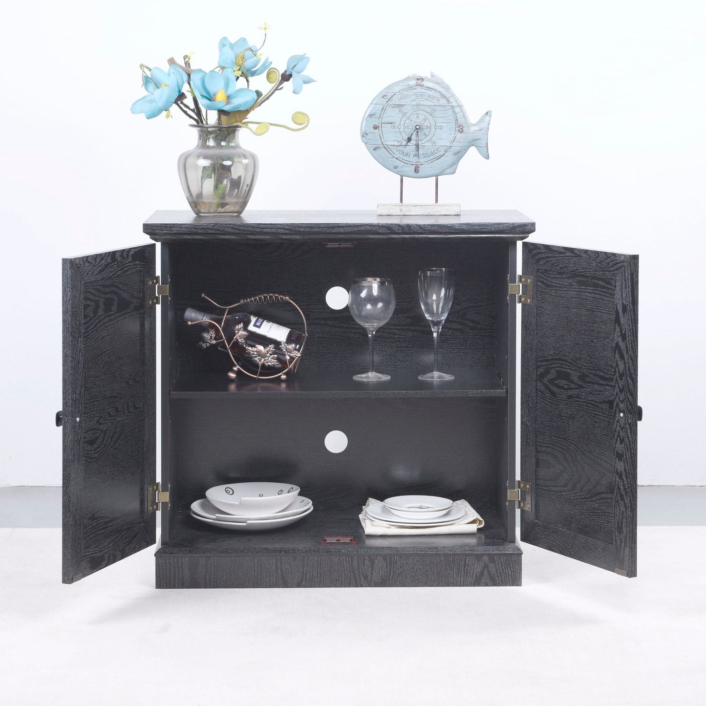 Sideboard Cabinet With Mirrored Doors, Adjustable Shelf, Metal Handles